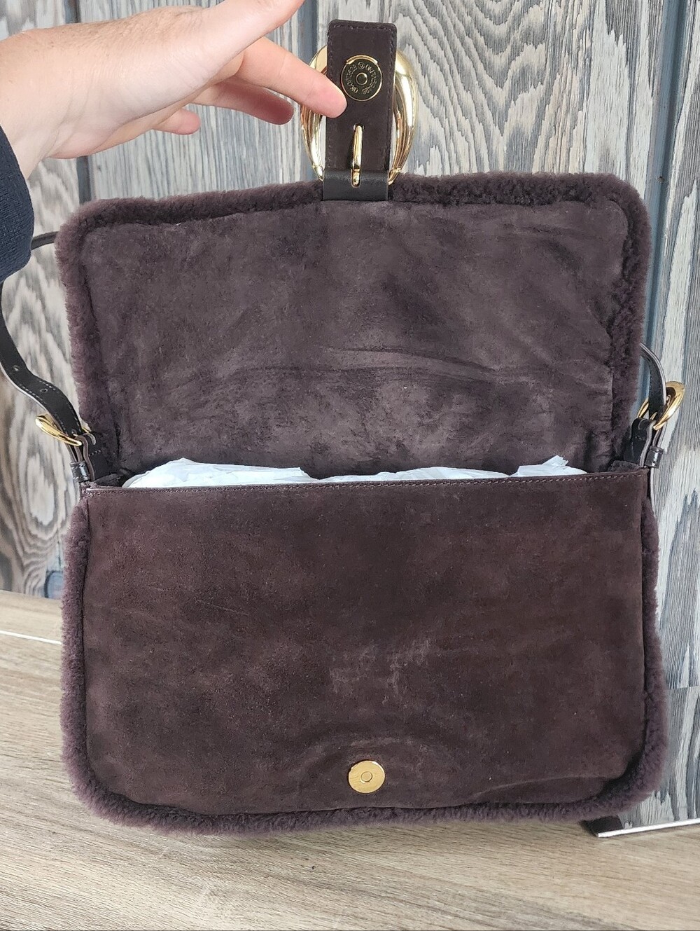 NWOT STAUD Harlow Medium Shearling-Trim Suede Shoulder Bag (Slight Flaws) - Picture 8 of 9